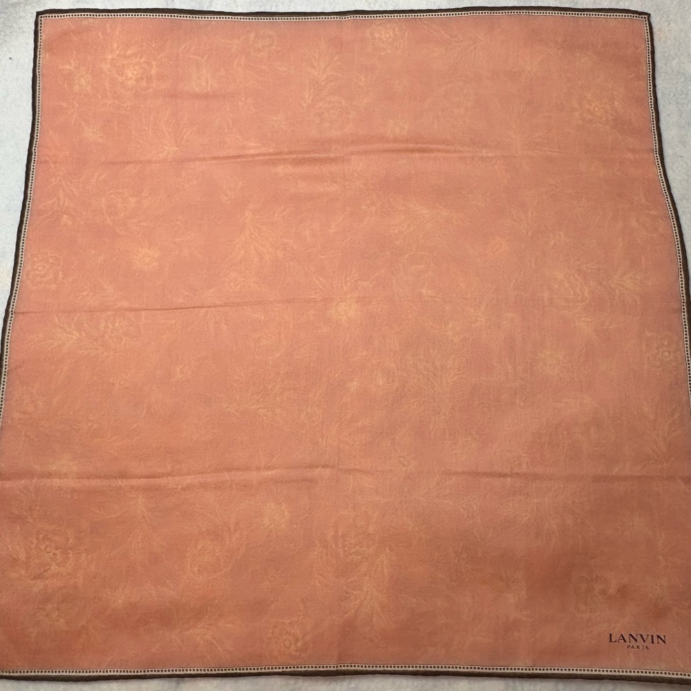 Vtg LANVIN Scarf Handkerchief Floral Jacquard Peach Brown Geometric 18"